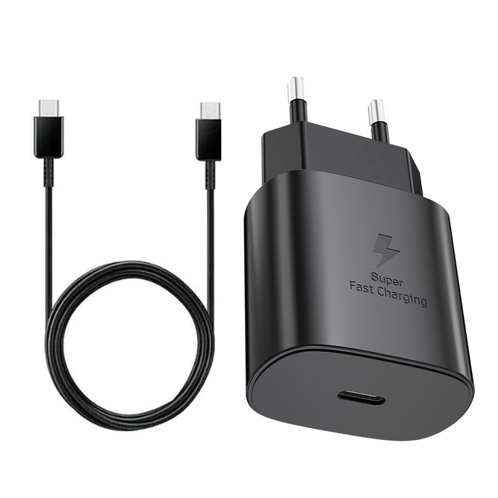 Hálózati töltőkészlet, SINBINTA, 25 W gyorstöltés, 1M adatkábellel, Type-C - Type-C, 100-240V, PD3.0+QC4.0, Kompatibilis a Samsung S21, S21 Ultra, Note20, Note20Ultra, iPhone 12 készülékekkel /13, iPad Pro, iPad Air, AirPods Max, műanyag, fekete