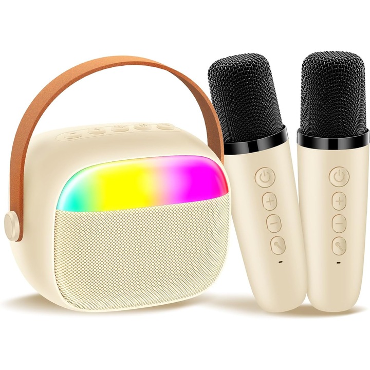Мини караоке машина, преносима, Bluetooth високоговорител, 2 безжични микрофона, LED светлини, Бяла