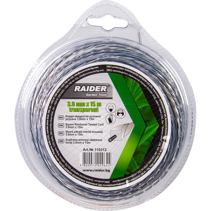 Csavart négyzet damil fűkaszához, 3 mm x 15 m, átlátszó, Riader Garden Tools 110312