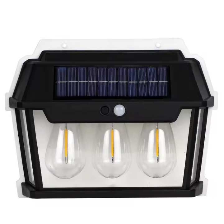 Lampa Solara de Perete LED ZANOVO ®, Pentru Exterior, Senzor de Miscare si Lumina, Fara Fir, 3 Moduri de Functionare, Rezintent la Apa, Acumulator Incorporat, 1800mAh, 600 Lumeni, 38W, Unghi 120°, 3 Becuri, Culoare Neagra