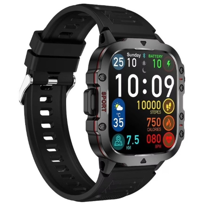 Ceas smartwatch i4FIT®, ecran tactil 1.96 inch, Rezistent la apa 3 ATM, Pedometru, Ritm cardiac, Sedentarism, Pulsiometru, Oxiometru, Notificari aplicatii, Monitorizare somn, Apel Bluetooth, Microfon HD, Negru