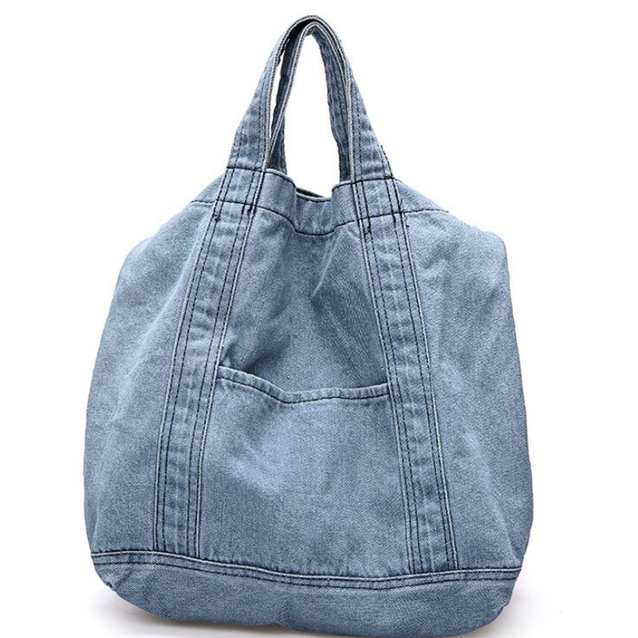 Geanta shopper Denim, Ledera, Tip Tote, de Mana si de Umar, Sacosa, Blugi Albastru Deschis, Bumbac, 52x33x19.5cm