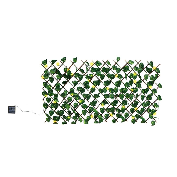 Paravan decorativ din lemn cu frunze si instalatie solara cu 50 becuri LED cu 8 functii Shopiens®, 170 x 90 cm