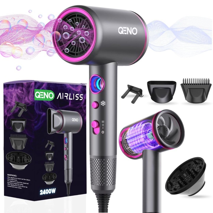 Uscator De par Profesional Feon, Qeno® AirLiss Ultra-Puternic De 2400 W, Uscare Rapida, 3 Trepte De Viteza, Lumina LED, Buton Rece/Cald, 4 Accesorii Incluse, Gri-Roz