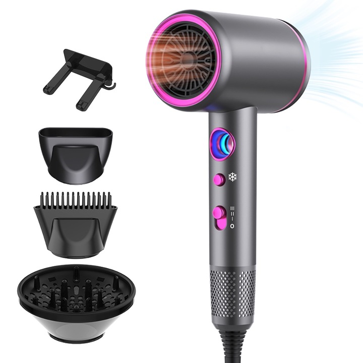 Сешоар Feon, Професионален, ултрамощен Qeno® AirLiss 2400 W, бързо изсушаване, 3 нива на скорост, LED светлина, бутон за студено/топло, 4 включени аксесоара, сиво-розово