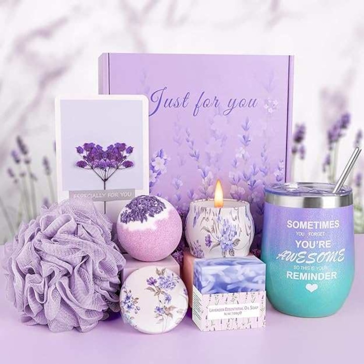 Подаръчен комплект за жена, 7 части, Чаша, Бомбичка и соли за вана, Ароматна свещ, Спа, Релакс, Подарък за Свети Валентин, Ден на майката, Коледа, Рожден ден, Лавандула
