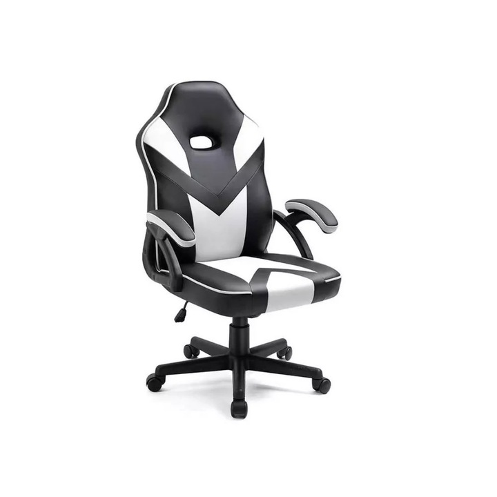 Scaun gaming, Pixel, Piele ecologica, 63 x 68 x 102/112 cm, Negru/Alb