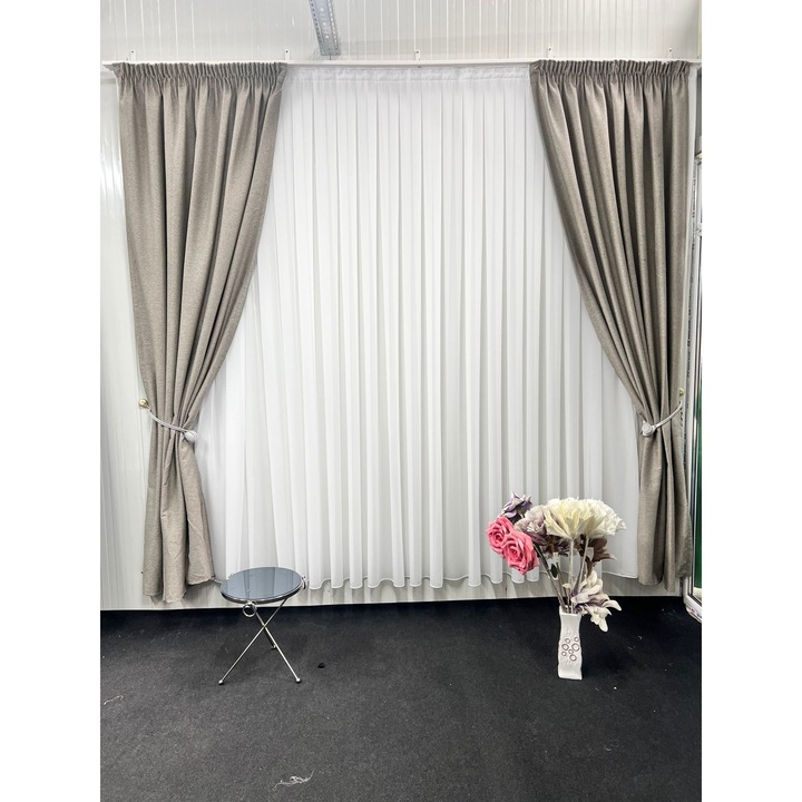 Комплект от 2 бр.затъмняващи завеси върху ленена текстура, сиво, изработени на реянс с ширина 10 см, 2х150х250 см