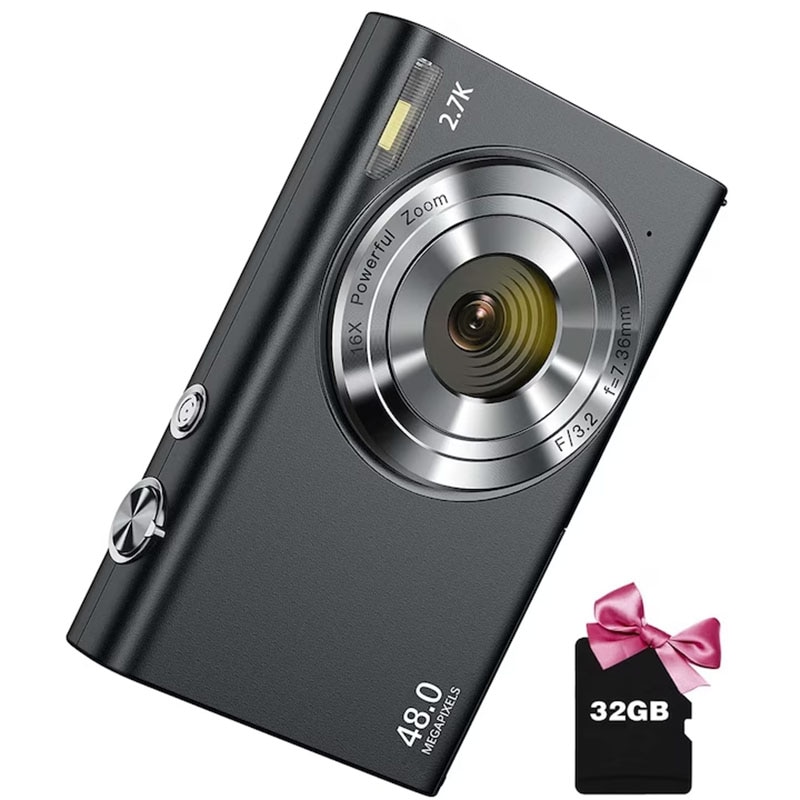 Camera video compacta Rqiurpn, 48MP, zoom 16x, 2.7K, card 32GB, 2 ...