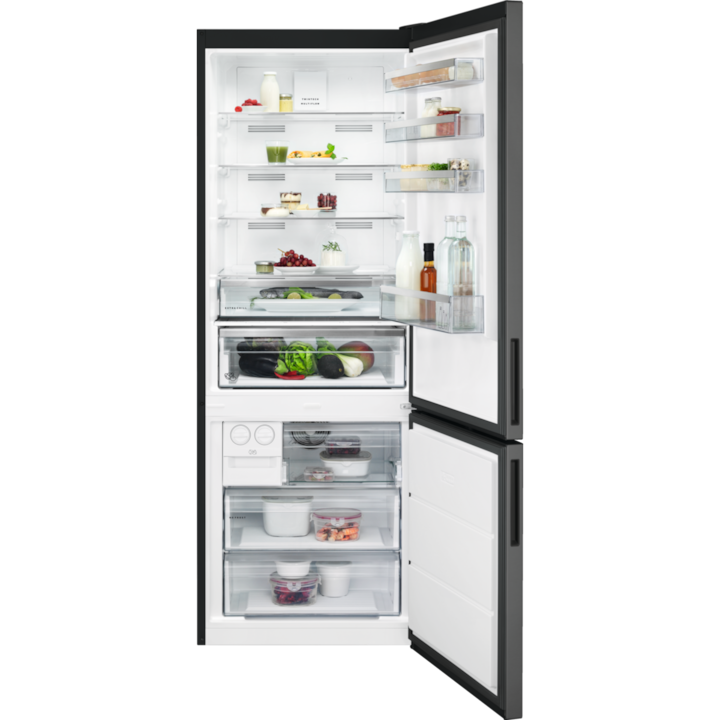 Combina frigorifica AEG ORC6M481EL, 481 l, MultiFlow, CustomFlex, Afisaj LCD, Usi reversibile,Indicator temperatura ridicata, Iluminare LED, Clasa E, H 192 cm, Gri