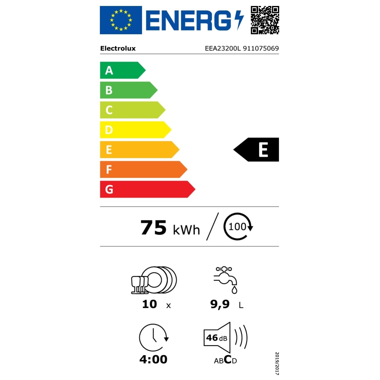 Masina de spalat vase incorporabila Electrolux EEA23200L, 10 seturi, 6 programe, AirDry, QuickSelect, Clasa E, Motor inverter, 45 cm