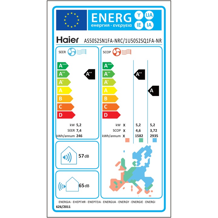 Aparat de aer conditionat Haier Nebula Nordic 18000 BTU Wi-Fi, A++/A++, 3D Airflow, Autocuratare, functionare la -30 grade pe incalzire, 1U50S2SQ+AS50S2SN, alb