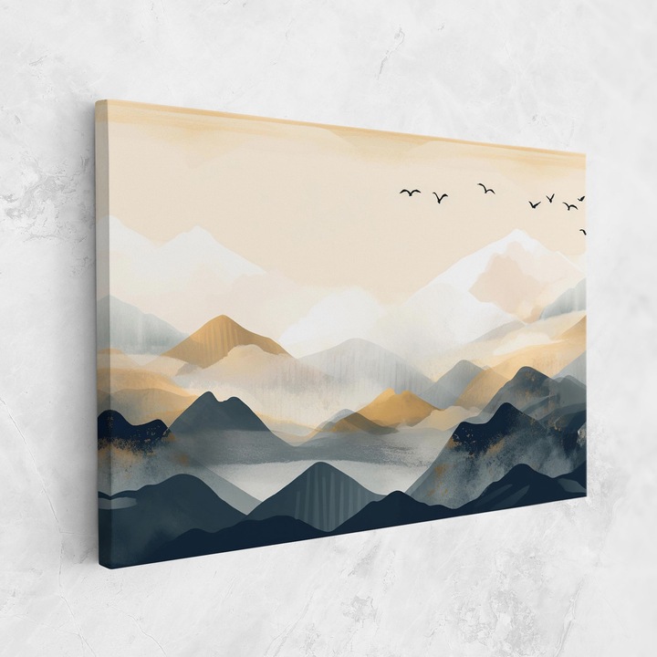 Tablou Canvas, 70x100 cm, Dormitor si Living, Peisaje, Munti, Gold Foggy Blue