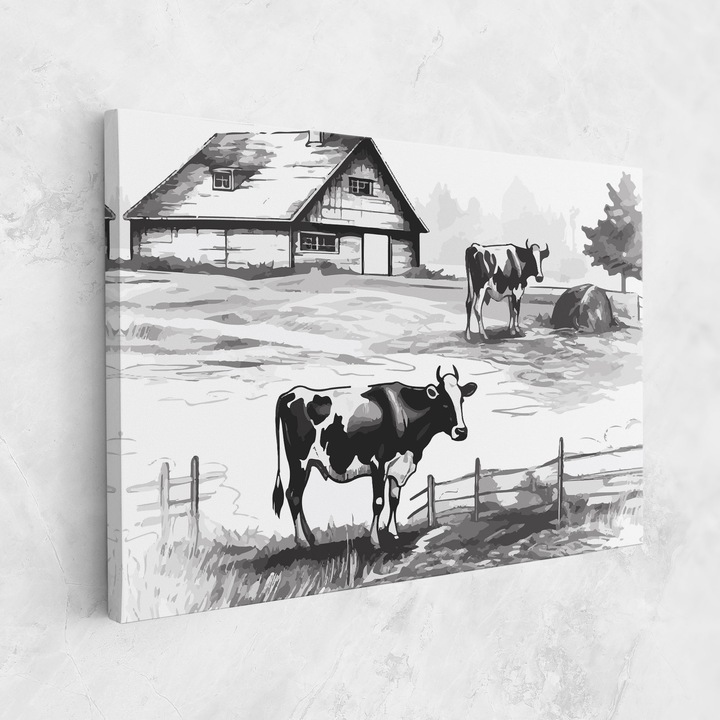 Tablou Canvas, 70x100 cm, Dormitor Si Living, Peisaje, Rural, Cows Farm Ink