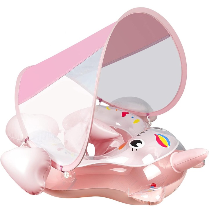Плувен ринг за бебета и деца, Giftry с опора за глава и корем, модел еднорог, розов, размер L, 12-36 месеца