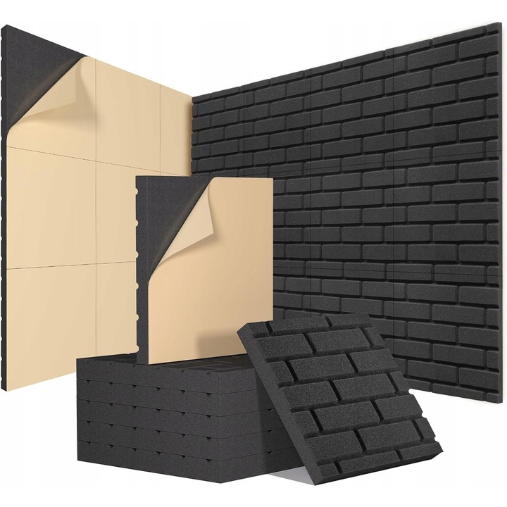 Set 12 panouri acustice, Topna, Absorbtie Sunet, Montaj usor, 30.5x30.5x2.5cm, Negru