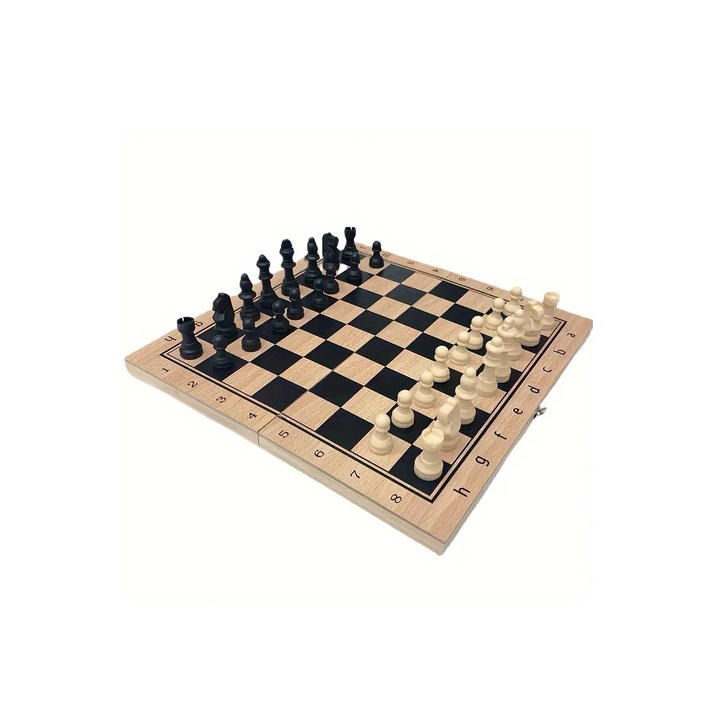 Joc 3 in 1: sah, table si dame, cutie din lemn si piesele plastic dur, crem/negru, 29x29 cm