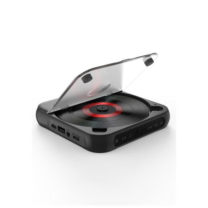 Bluetooth CD плейър, многофункционален дизайн, тънък и удобен, USB зареждане, 1200 mah батерия, дълъг живот на батерията, черен