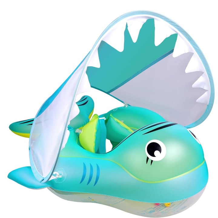 Плувен ринг за бебета и деца, Giftry с опора за глава и корем, модел акула, зелен, размер S, 3-12 месеца