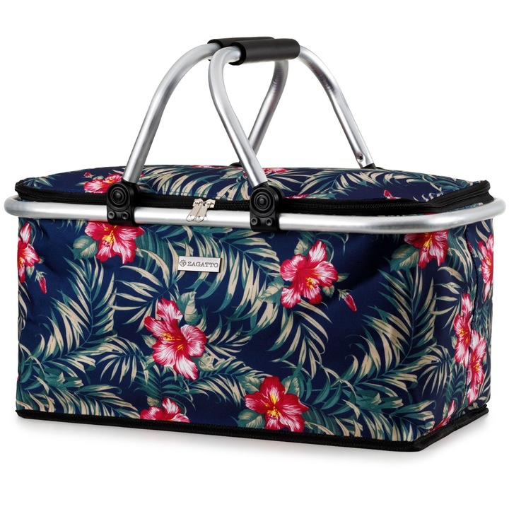 Geanta termoizolanta de picnic, Zagatto Rio, 27L, 42x23x28 cm, Multicolora, Pliabila, Impermeabila, Manere cu protectie antiderapanta din cauciuc, ZG886