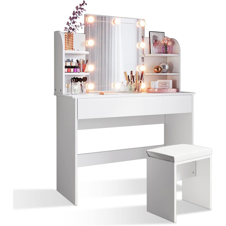Тоалетка с табуретка, огледало, чекмеджета, LED осветление, 108x40x140см