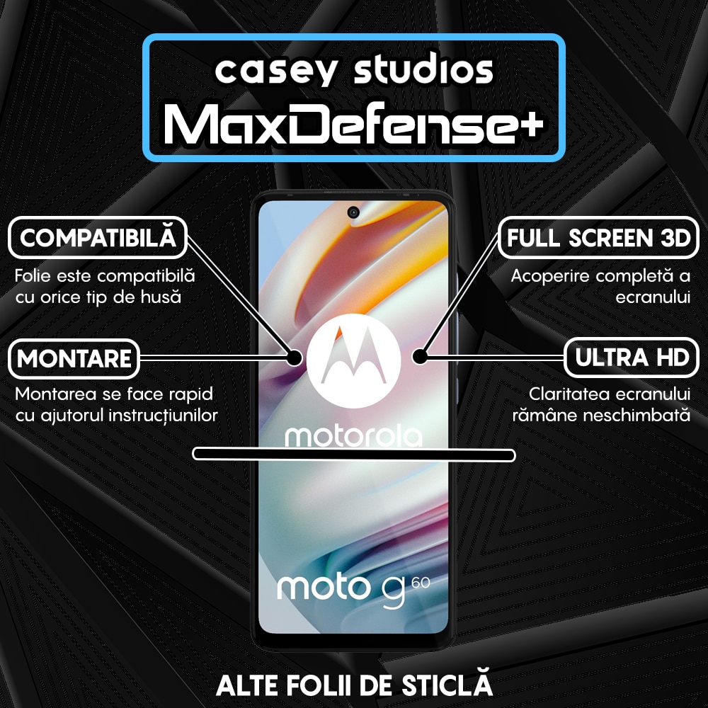 Folie Sticla CASEY STUDIOS™ compatibila cu Motorola Moto G60 / Moto G60S, Full Cover 3D, Full Glue, Ultra HD, Anti Zgarieturi, Anti Socuri, Margini Negre
