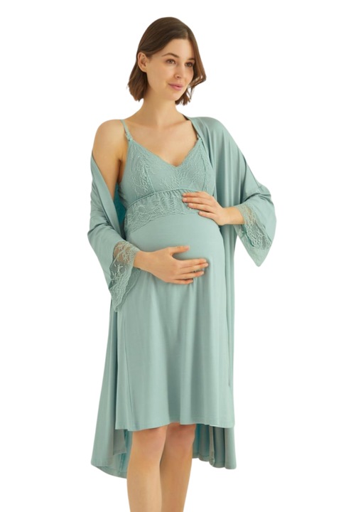 Set camasa de noapte si halat pentru alaptare si maternitate cu dantela, Monamise, Bumbac Oeko-Tex ® Standard 100, Vernil