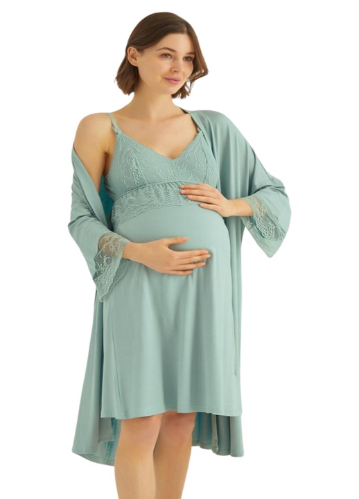 Set camasa de noapte si halat pentru alaptare si maternitate cu dantela, Monamise, Bumbac Oeko-Tex ® Standard 100, Vernil