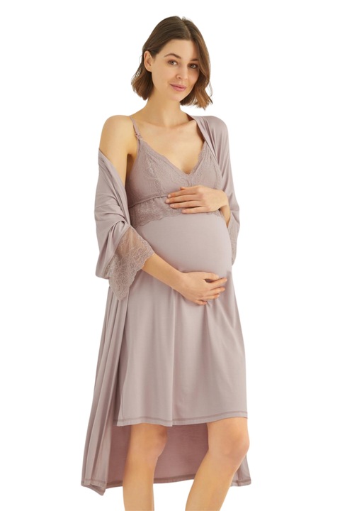 Set camasa de noapte si halat pentru alaptare si maternitate cu dantela, Monamise, Bumbac Oeko-Tex ® Standard 100, Bej