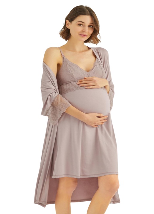 Set camasa de noapte si halat pentru alaptare si maternitate cu dantela, Monamise, Bumbac Oeko-Tex ® Standard 100, Bej