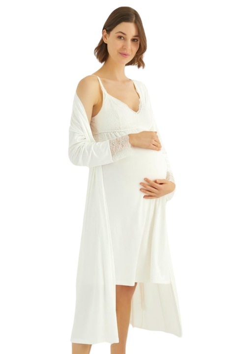 Set camasa de noapte si halat pentru alaptare si maternitate cu dantela, Monamise, Bumbac Oeko-Tex ® Standard 100, Ecru