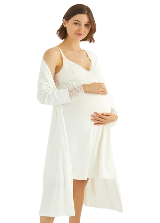 Set camasa de noapte si halat pentru alaptare si maternitate cu dantela, Monamise, Bumbac Oeko-Tex ® Standard 100, Ecru