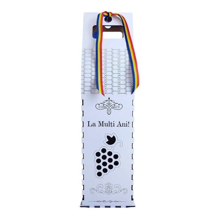 Cutie pentru sticla de vin, personalizata cu mesaJ standard pentru familie, nasi, prieteni, fini, "La multi ani!", mdf, model 1, dimensiune 37x10cm, alb