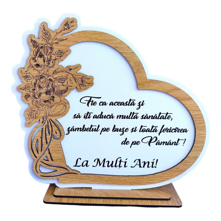 Decoratiune tablou inima personalizata cu mesaj standard pentru aniversare familie, prieteni, "Fie ca aceasta zi sa iti aduca multa sanatate...La multi ani!", baza cu suport din lemn, alb, 22x20cm