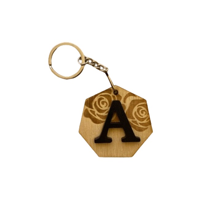 Dekoratív kulcstartó iniciálával, virág, fa, 5-6 cm, ArtemisGift