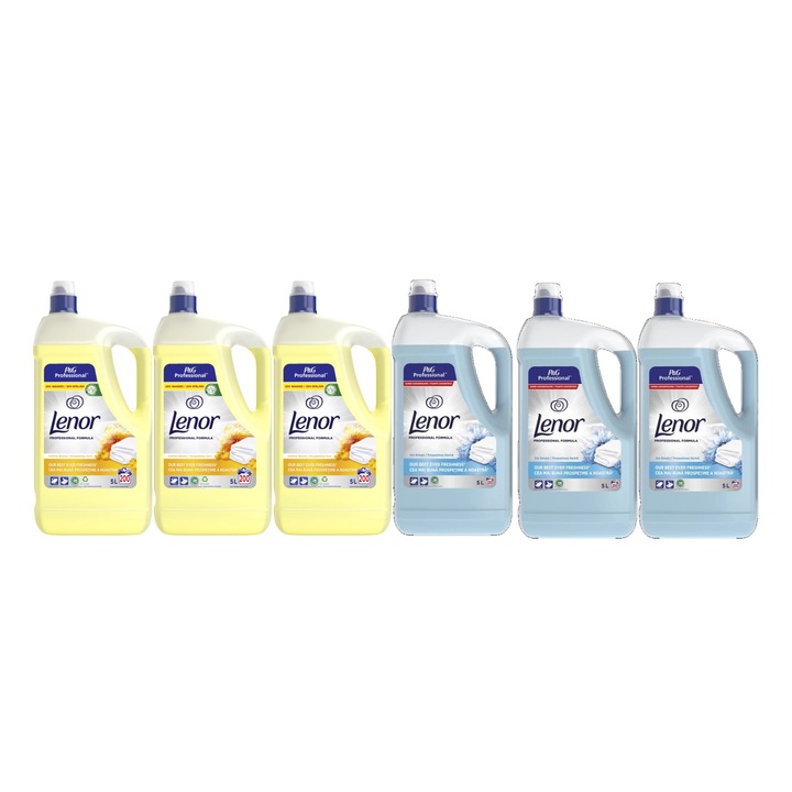 Комплект от 6 x омекотителя Lenor за 200 пранета 5L, 3 x Summer Freshness, 3 x Marine Freshness, деликатна грижа за тъканите, защита срещу износване, защита срещу котлен камък, намалени алергени, технология против миризма