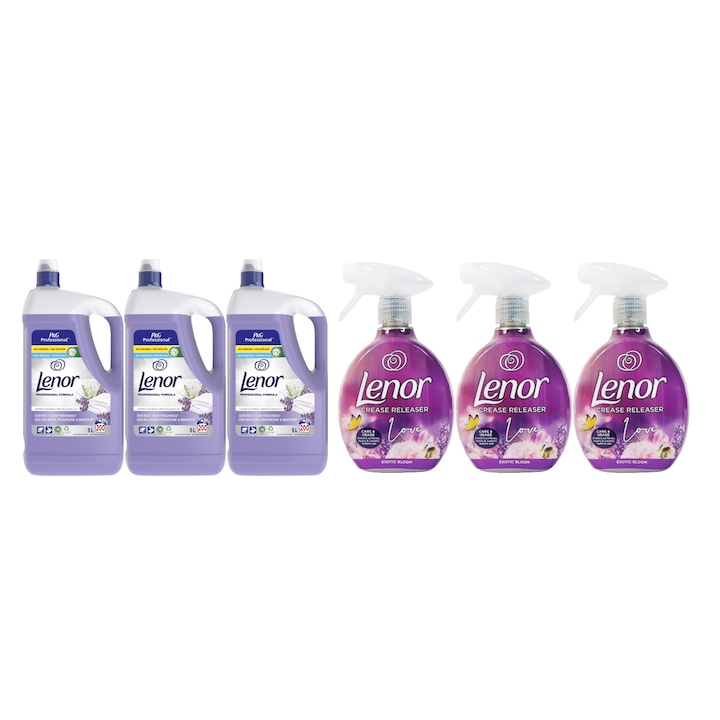 Комплект от 6 x Lenor Variety Bundle, 3 x Текстилен освежител Exotic Bloom 500 ml, 3 x Балсам за пране Lavender 200 пранета 5L, деликатна грижа за тъканите, защита срещу износване, защита срещу варовик, намалени алергени, технология против миризма