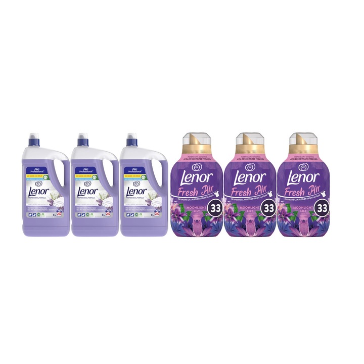 Комплект 6 x Lenor Variety Bundle, 3 x балсам за пране Lavender 200 изпирания 5L, 3 x балсам за пране Moonlight Lily 33 пранета 462 ml, деликатна грижа за тъканите, защита срещу варовик, против миризма