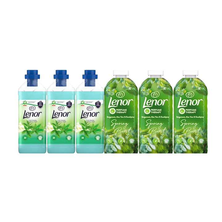 Комплект 6 x Lenor Variety Bundle, 3 x балсам за пране Fresh Meadow 36 пранета 900 мл, 3 x балсам за пране Spring Boost 48 пранета 1,2 л, деликатна грижа за тъканите, защита срещу износване, защита срещу варовик, намалени алергени