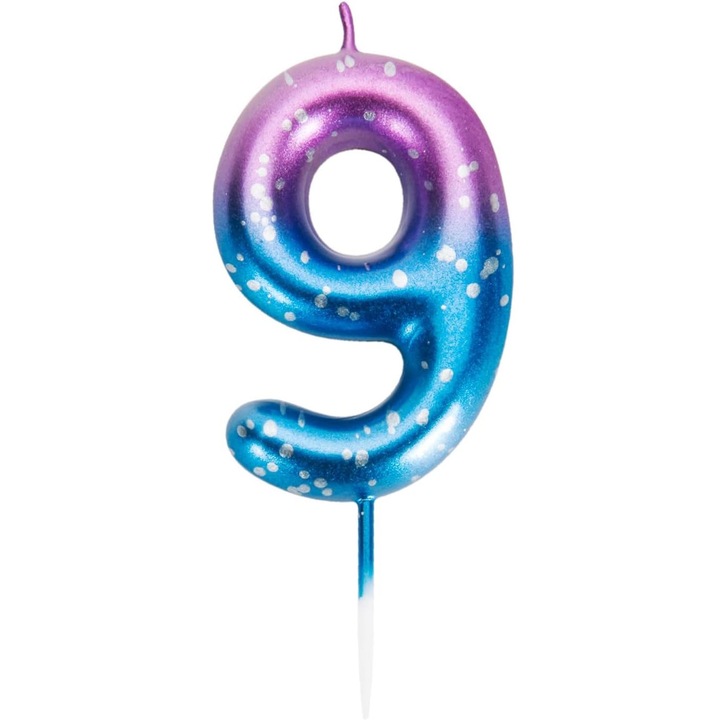 Lumanare pentru tort, ziua de nastere, cifra 9, culoare violet spre albastru in degrade, 9 cm