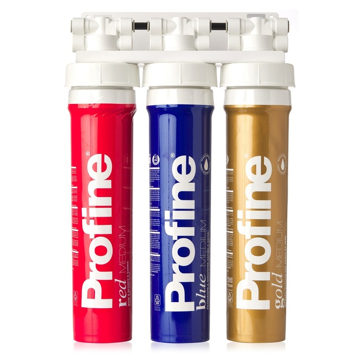 Filtru de apa Triplex Red-Blue-Gold Medium cu Ultrafiltrare cu Kit de instalare, robinet si baterie incluse