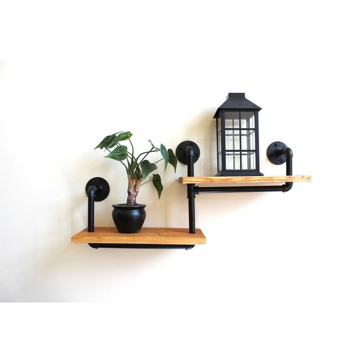 Raft de perete in stil industrial, Snaith, 71x36x20 cm, negru/nuc