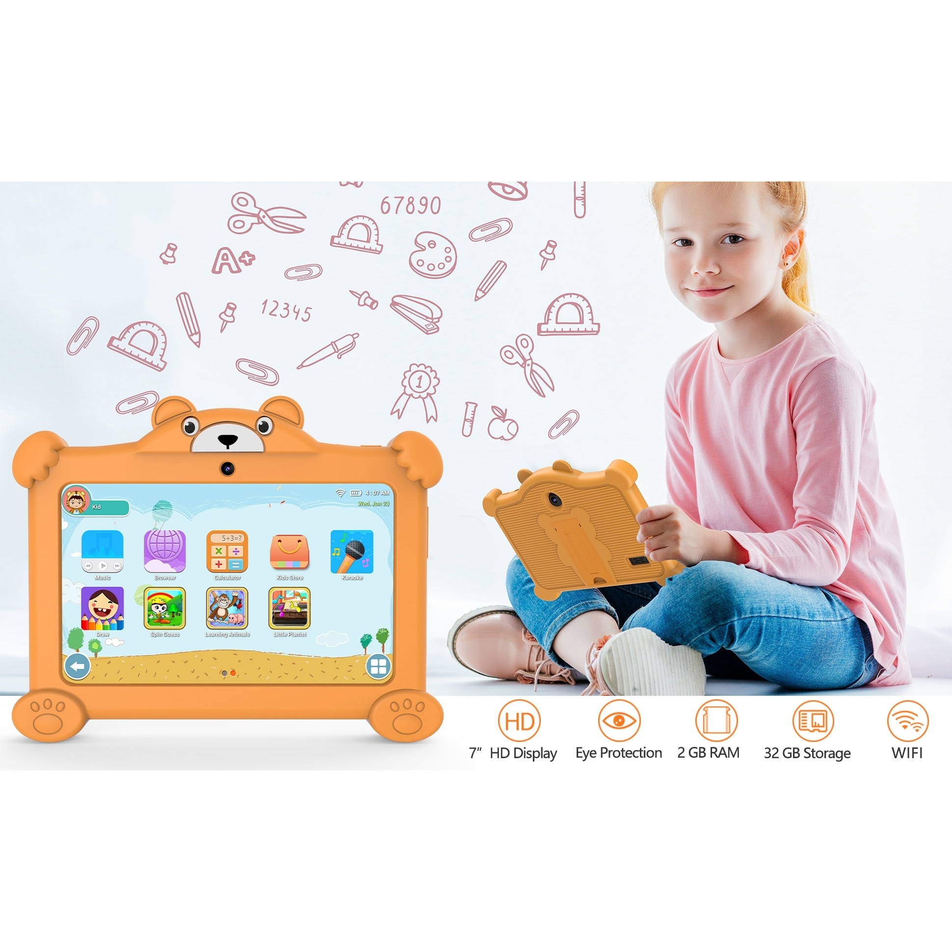 Tableta pentru copii, ILIKE, 7", Android 11, 2 GB RAM, 32 GB ROM, HD, 3500mAh, Wi-Fi, Portocaliu