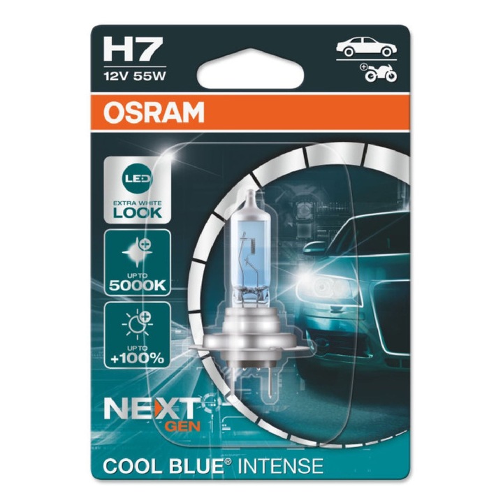 Bec auto pentru far, Osram H7 Cool Blue Intense, 55 W, 12 V