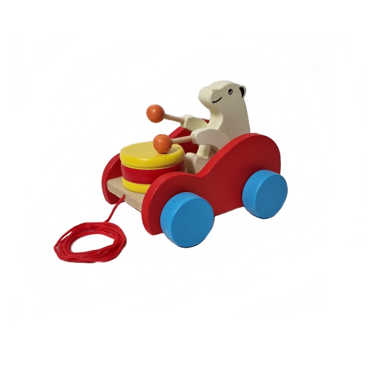 Jucarie din lemn cu sfoara de tras, masinuta Montessori, Urs polar cu toba