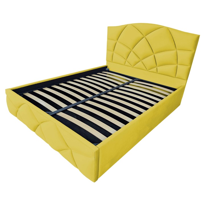 Pat tapitat Venus,200x200cm, somiera metalica rabatabila, spatiu depozitare, mustar