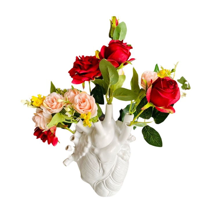 Vaza decorativa in forma de inima anatomica, Ornament de flori, Alba, Inaltime 20cm
