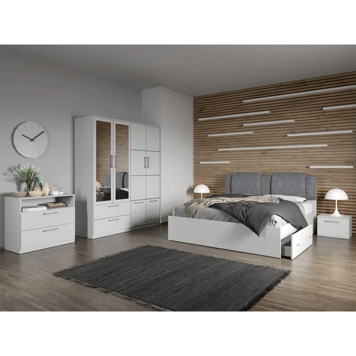 Set dormitor, Alb plus Comoda, Acapulco, C8, Dulap, Pat 160x200, Noptiere