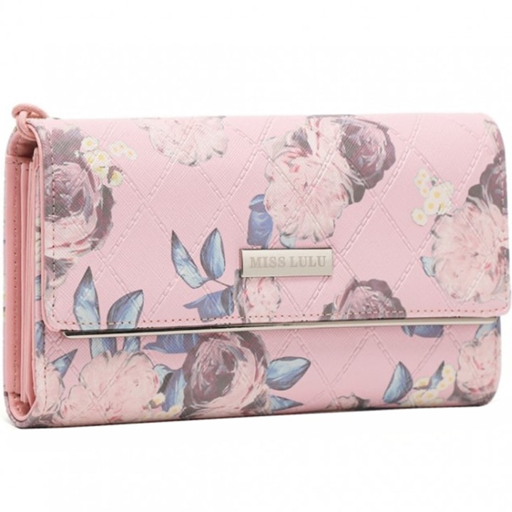 Portofel lung pentru dama, din piele PU, cu flori Miss Lulu LP2353FPK Roz