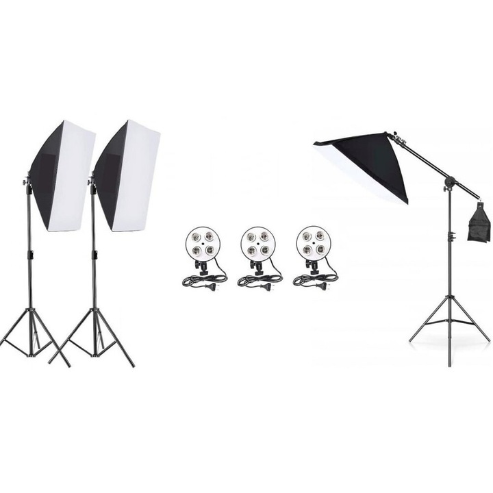 Dactilion, Fotóstúdió készlet, 3 db softbox lámpa, foglalat 4 db E27 izzóhoz, 200 cm-es állvány + daru